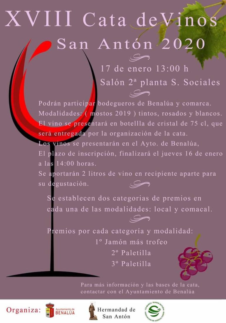 1ª Fiesta del vino joven 2020 y XVIII Cata del vino “San Antón” Comarca de Guadix – Benalúa, 17 y 18 de enero de 2020