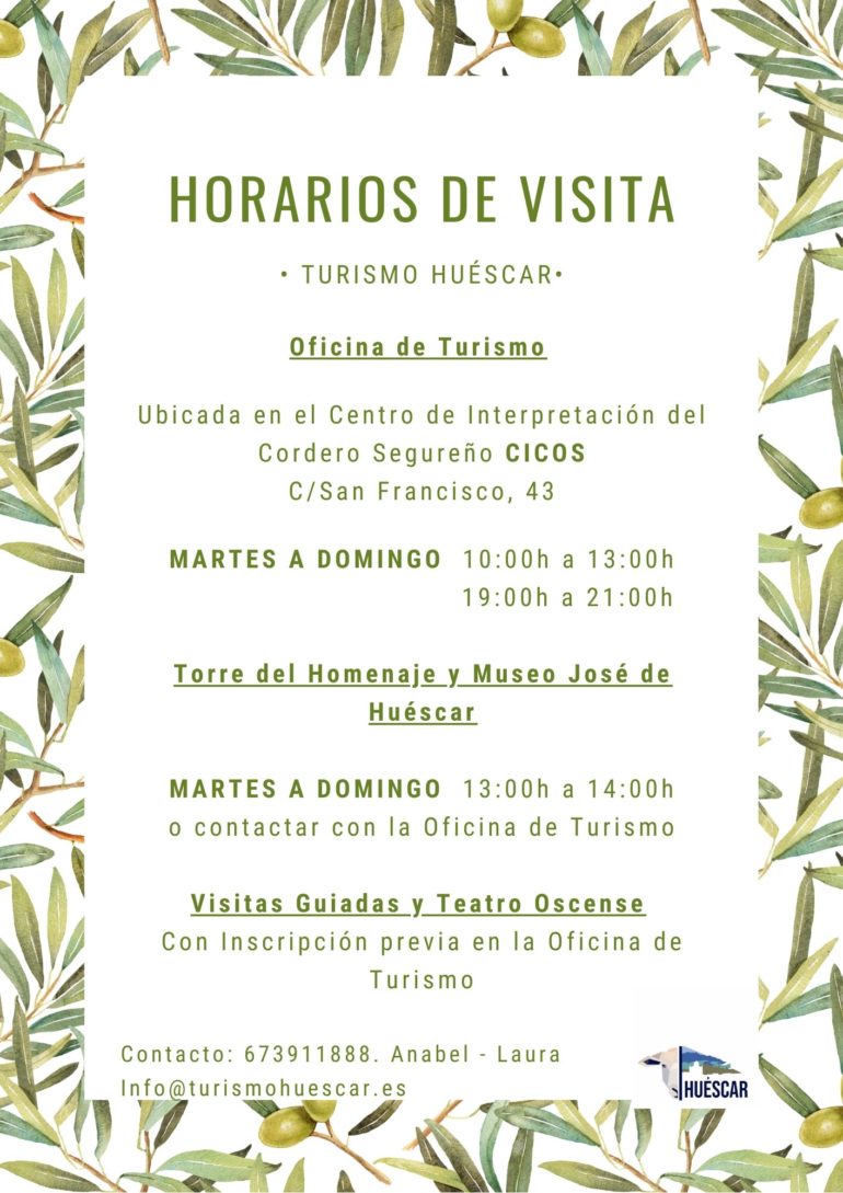 ¡HORARIOS DE VISITA, A LOS CENTROS RECURSOS TURÍSTICOS DE HUÉSCAR!